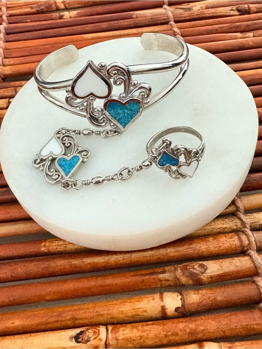 Silver Tone Heart Bracelet Faux Turquoise and Ring Size 7